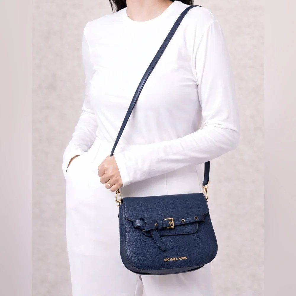 Michael Kors Emilia Small Saddle Flap‎ Crossbody Bag Navy Blue OS